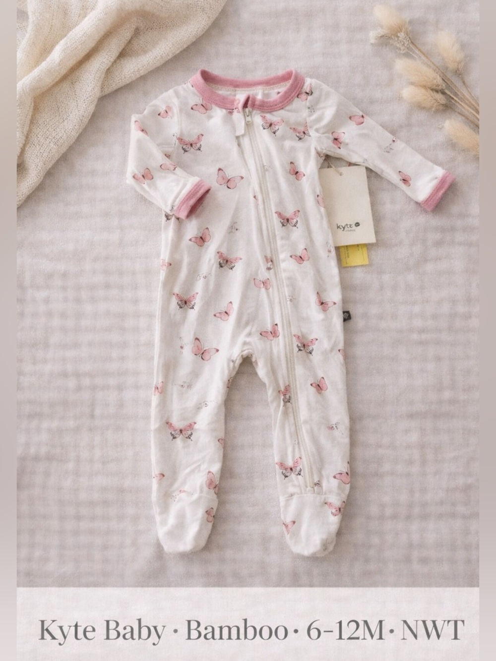 NWT Kyte Baby Bamboo Footie 6-12M Pink Butterfly Print Pajamas